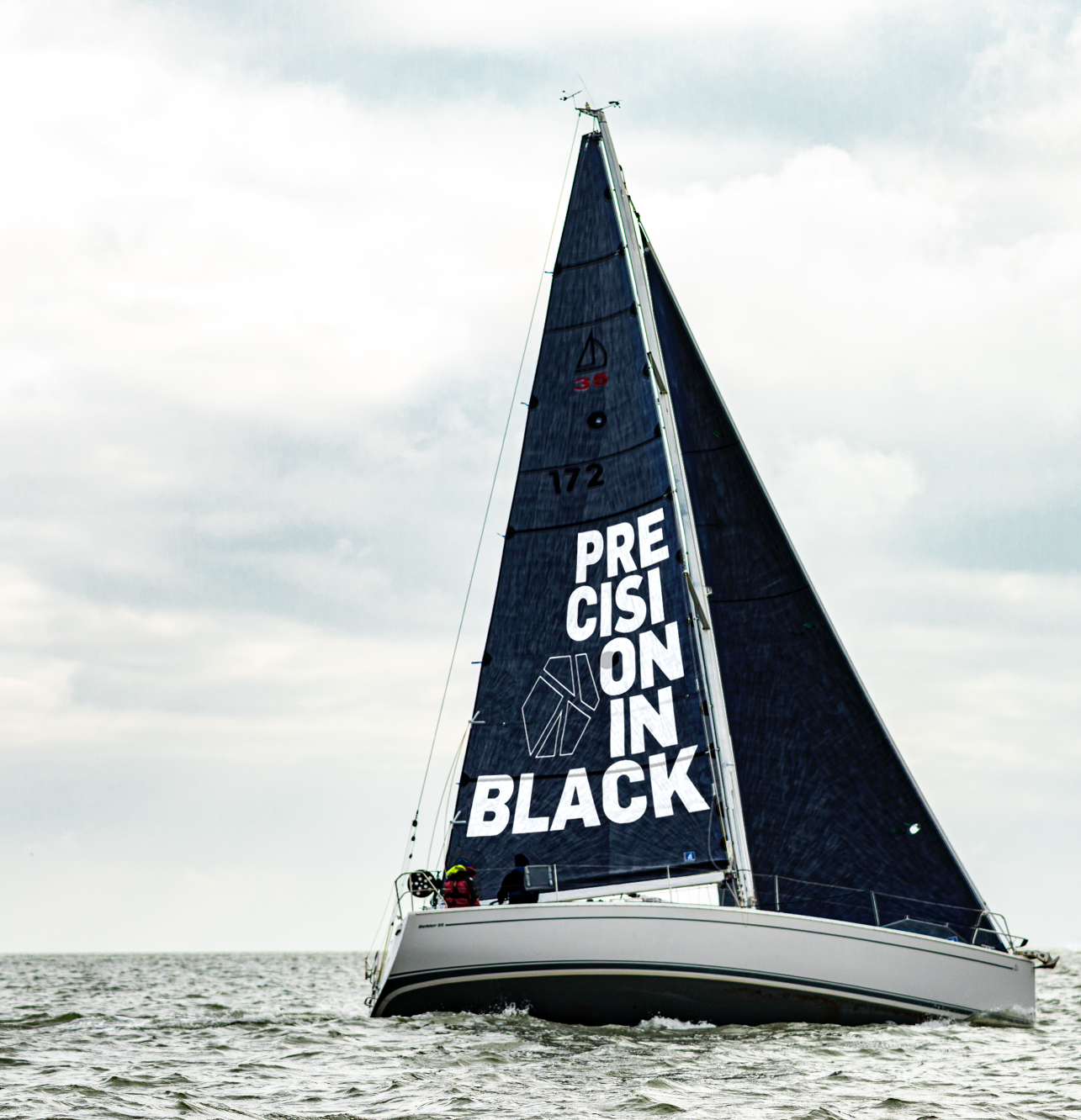 This picture shows a boat with black sails made of Aramid Sport double Taffeta